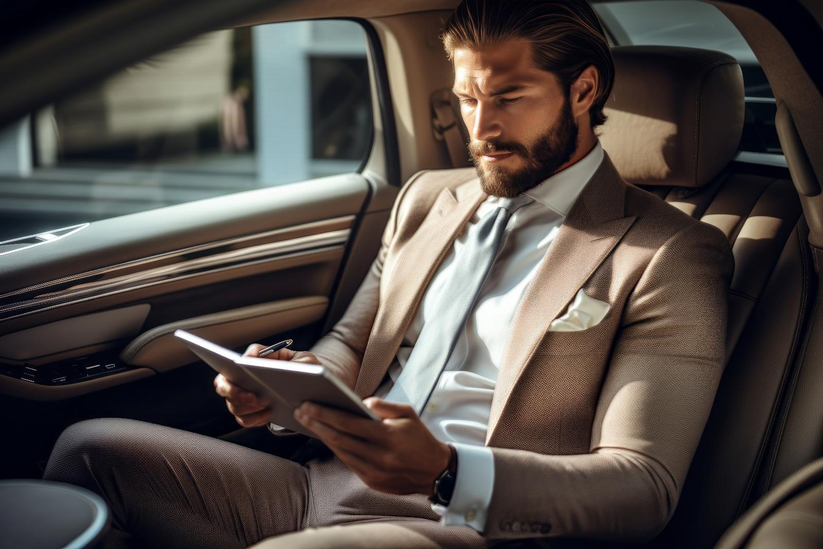 Geschäftsmann liest auf einem Tablet auf der komfortablen Rückbank einer Luxuslimousine