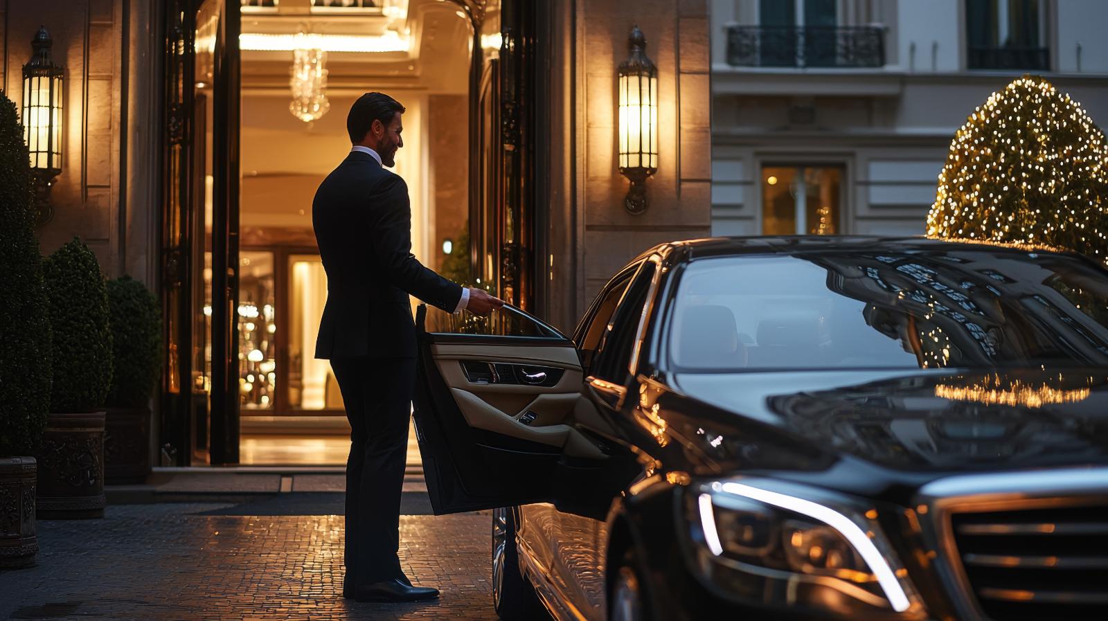 Chauffeur im schwarzen Anzug neben einer Limousine vor einem beleuchteten Luxushotel am Abend